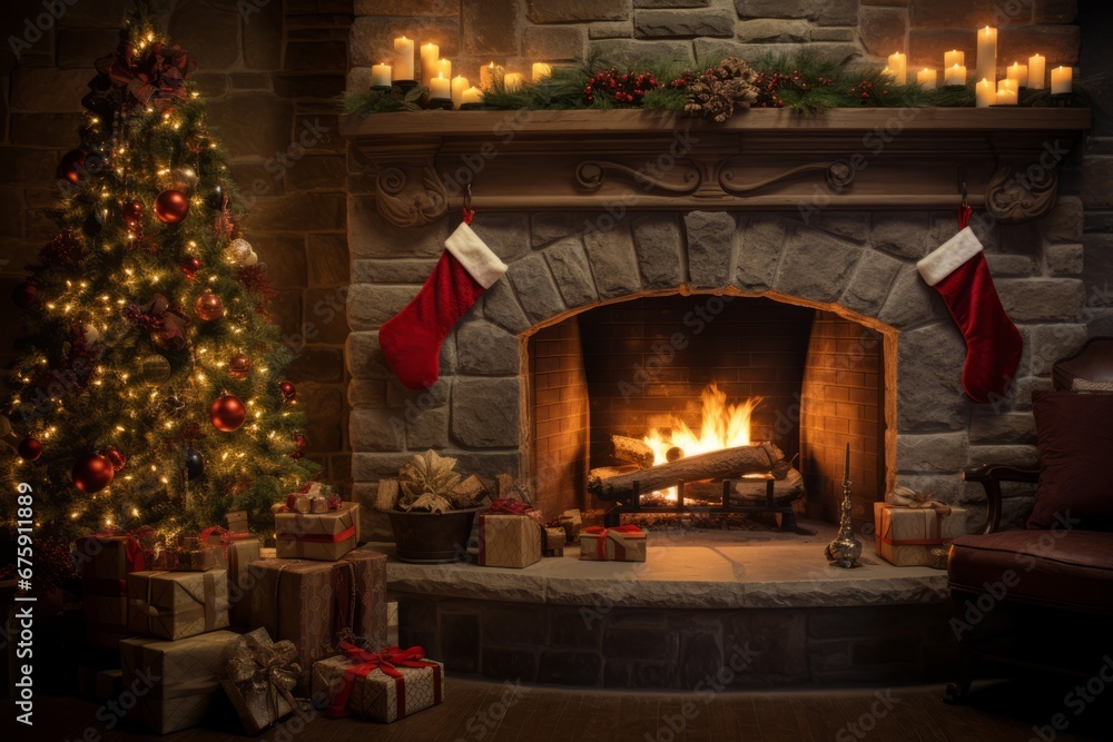 Festive Fireplace Decorated with Colorful Stockings and Glowing with Warmth on a Christmas Eve