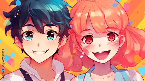 Playful Anime Couples with Bright Colors, Big Eyes, and Expressive Smiles. © ShadowHero