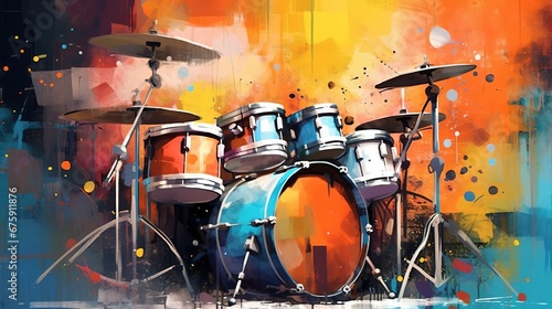 Generative AI  Jazz music street art with drums musical instrument silhouette. Ink colorful graffiti art on a textured wall  canvas background...