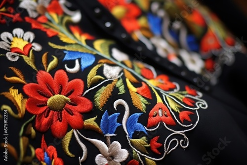 Closeup of traditional costume of lachy sadeckie  southern Poland  detail of embroidery on a coat  floral textile embroidery.