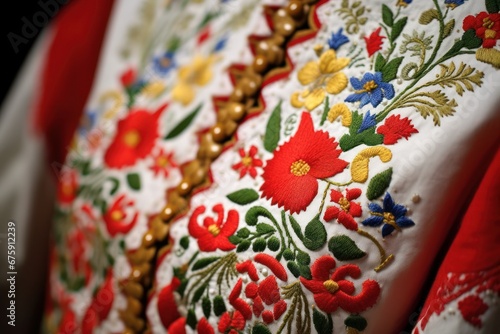 Closeup of traditional costume of lachy sadeckie, southern Poland: detail of embroidery on a coat, floral textile embroidery.