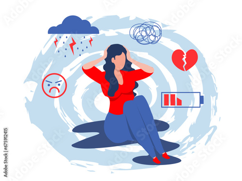 Depressed woman  mental problems concept.  girl suffering from mental health disorder with low battery, emotional burnout, frustration , depression and loneliness. Cartoon flat vector illustration