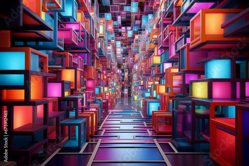 Vibrant geometric shapes in a neon corridor