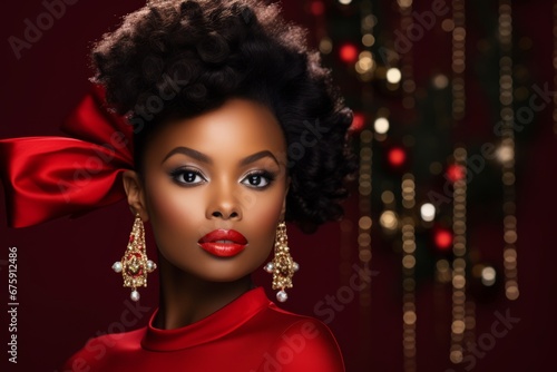 Festive Portrait of a Beautiful Dark-Skinned Woman with Ruby Earrings Against a Velvet Backdrop in a Christmas Studio