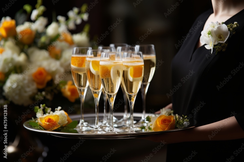A stunning selection of effervescent drinks on a tray poised for the New Year's Eve toast A stunning selection of effervescent drinks on a tray poised for the New Year's Eve toast
