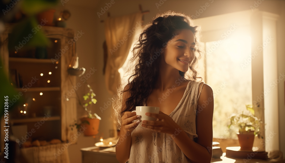 Young Indian girl enjoying healthy herbal tea in the morning and recharging herself - obrazy, fototapety, plakaty 