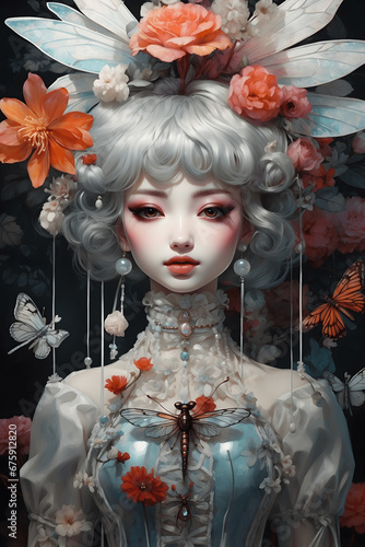 Psycho Winter Whispers: Korean Victorian Marionette Doll Embracing Dragonfly Flowers photo