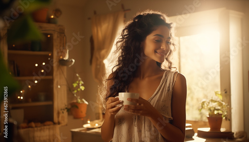 Young Indian girl enjoying healthy herbal tea in the morning and recharging herself