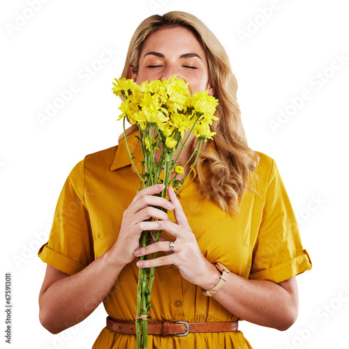 Fotografi Isolated woman, smelling yellow flowers and thinking with spring, present and transparent png background