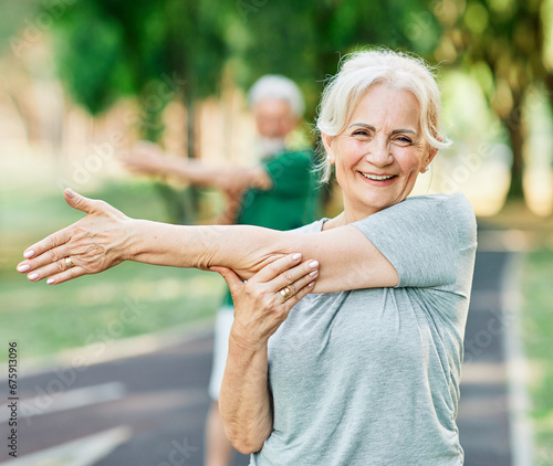 Fototapeta Naklejka Na Ścianę i Meble -  woman senior exercise fitness sport healthy outdoor female active fit mature elderly health training  old retirement caucasian nature adult wellness workout activity