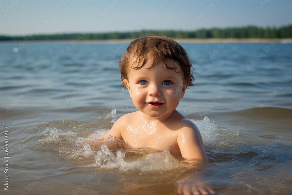 The portrait of a happy baby takes a soap bath in a comfy bathroom. Adorable toddler in a tub. Generative AI. The portrait of a happy baby takes a soap bath in a comfy bathroom. Adorable toddler in a tub. Generative AI.