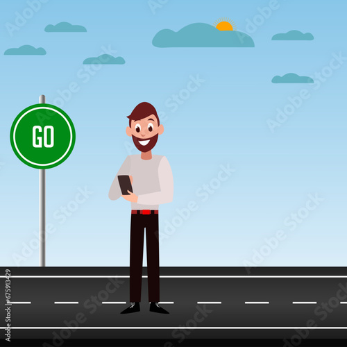 Immerse your designs in contemplative ambiance of urban life with illustrative portrayal of man standing thoughtfully on road.  Ideal for city-themed visuals, mindfulness campaigns, lifestyle visuals.