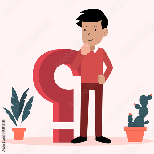Immerse your designs in the world of curiosity and contemplation with illustrative portrayal of a man standing confidently, holding a question mark. Ideal for educational visuals, creative projects.