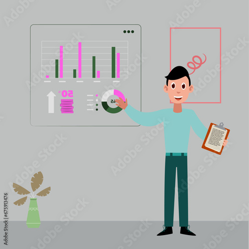 Immerse your designs in world of impactful communication with illustrative portrayal of man standing, delivering a persuasive presentation. Ideal for business presentations, corporate visuals.