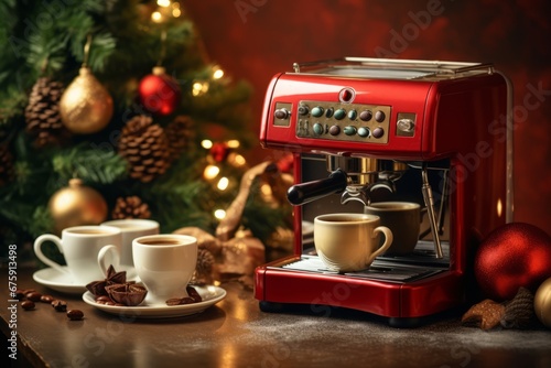 Holiday cheer in the kitchen with a coffee machine and a cup adorned with a Christmas sleeve photo