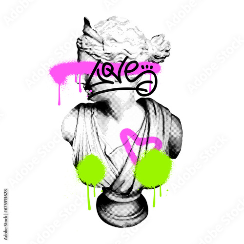 Retro 90s magazine style halftone collage elements with urban graffiti strokes. Female marble head with abstract spray paint shapes. Trendy nostalgia Vector illustration.