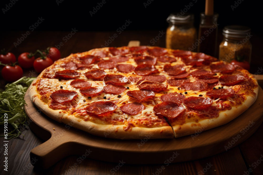 Pepperoni pizza on wooden plate dark
