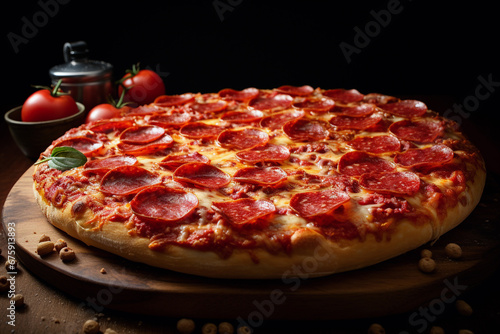 Whole pepperoni pizza on dark table