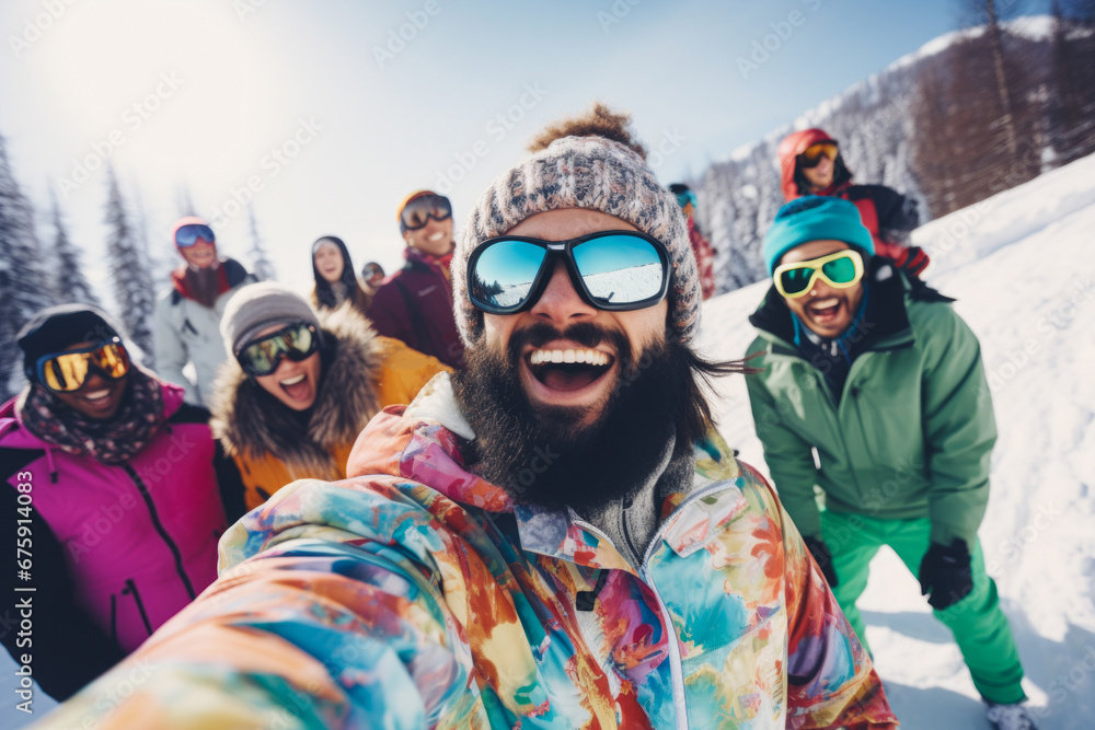 Funny scene with a group of friends taking selfie photo on a ski trail. Positive people on vacation. Sunny snow day background. Funny scene with a group of friends taking selfie photo on a ski trail. Positive people on vacation. Sunny snow day background.