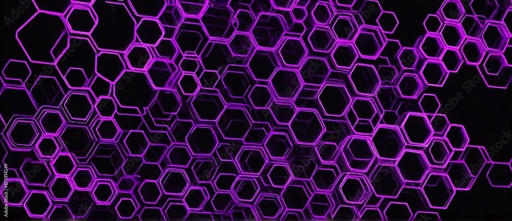 Abstract neon light purple bright lights of thin hexagonal grid lines on plain black background from Generative AI