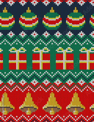 Knitting Christmas ugly sweater ornament with Christmas ball, present and bell. Seamless pattern. Vector illustration.