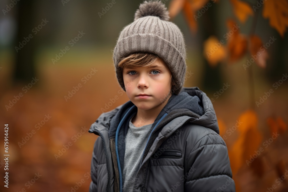 Portrait of a boy in a hat and jacket in the autumn forest Portrait of a boy in a hat and jacket in the autumn forest