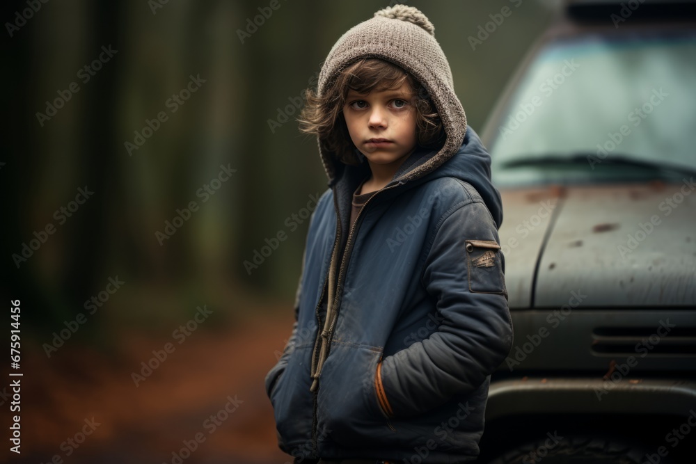 A boy standing in the middle of a forest with his car.