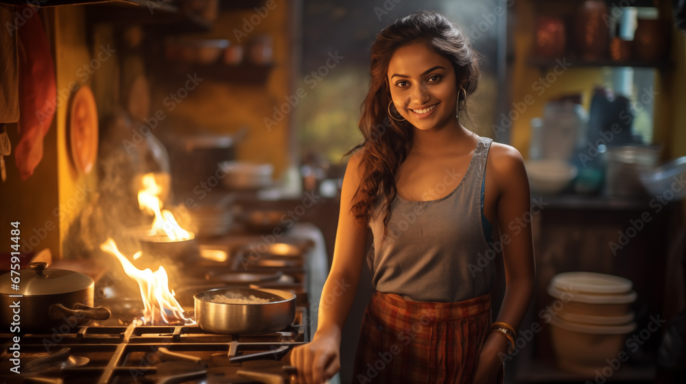 Young Indian woman cooking in a traditional Indian kitchen Young Indian woman cooking in a traditional Indian kitchen