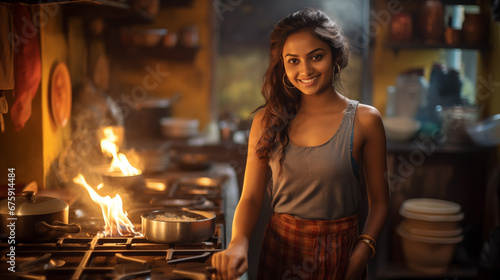 Young Indian woman cooking in a traditional Indian kitchen