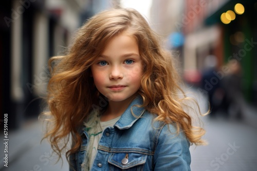 portrait of a beautiful little girl with long hair in the city