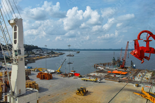 big container ship in libreville harbour in gabon west africa photo