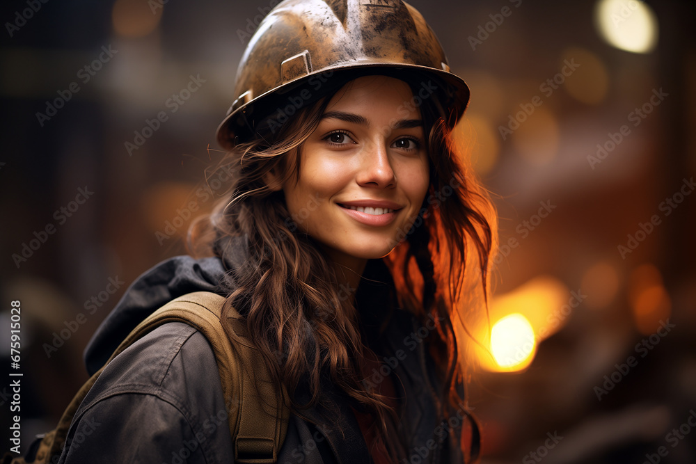 portrait of a smiling female steelworker wearing a helmet portrait of a smiling female steelworker wearing a helmet
