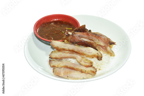 grilled pork neck with plain rice on plate dipping spicy sauce 