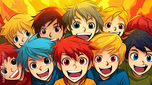 Playful Group of Boys in Expressive Anime Style with Vibrant Colors.