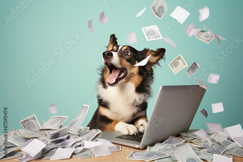 happy dog office worker dog looks at the laptop money is flying . Free space for text.