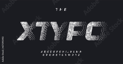 Speed futuristic alphabet. Bold geometric typeface with halftone equalizer micro texture for modern logo design and headlines. Speed cyberpunk and DJ music vibes in every letter. Vector typeset.