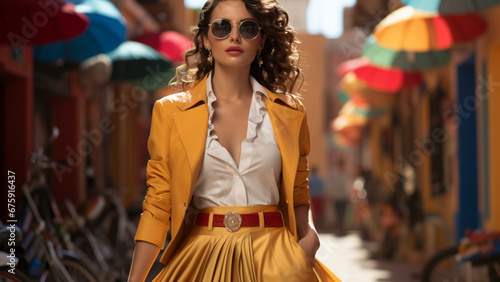 a woman in san miguel de allende dressed with white outfit, reinterpreted with modern clothes such as yellow jacket, yellow skirt, high heels, red ribbon in the head, sunglasses, © نيلو ڤر