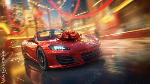 Sports car with big bow driving through a festive street.