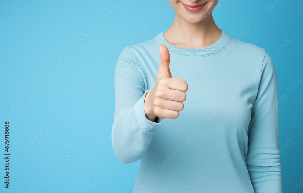 A girl smiles and gives a thumbs up on a blue background. Generative AI
A girl smiles and gives a thumbs up on a blue background. Generative AI