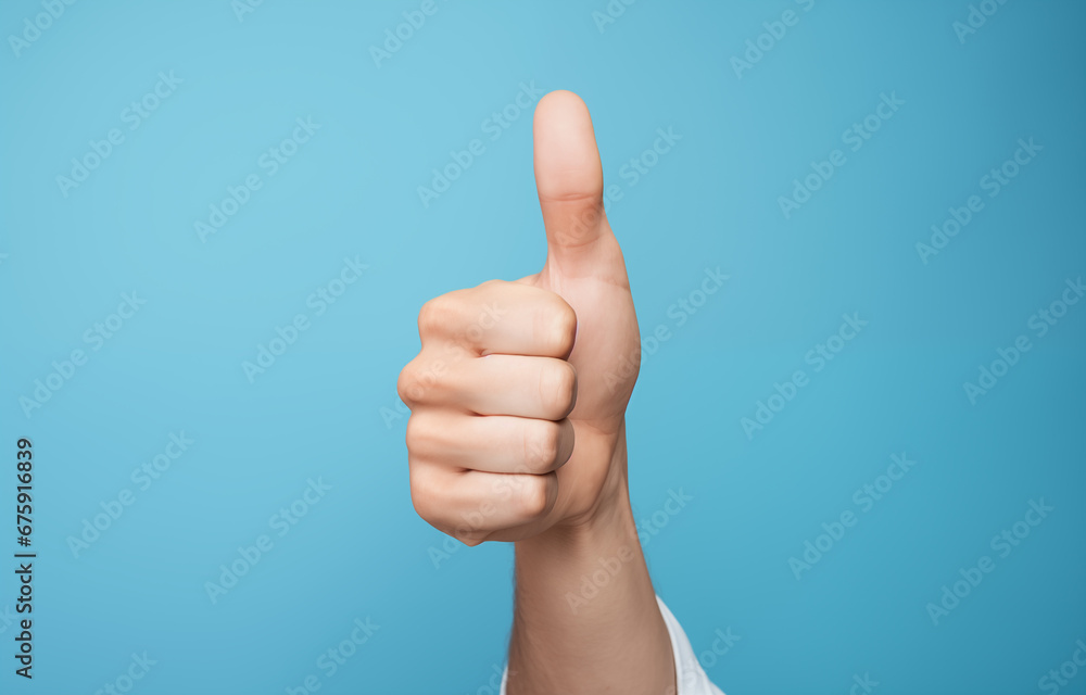 Thumb Up isolated on blue background. Generative AI
Thumb Up isolated on blue background. Generative AI