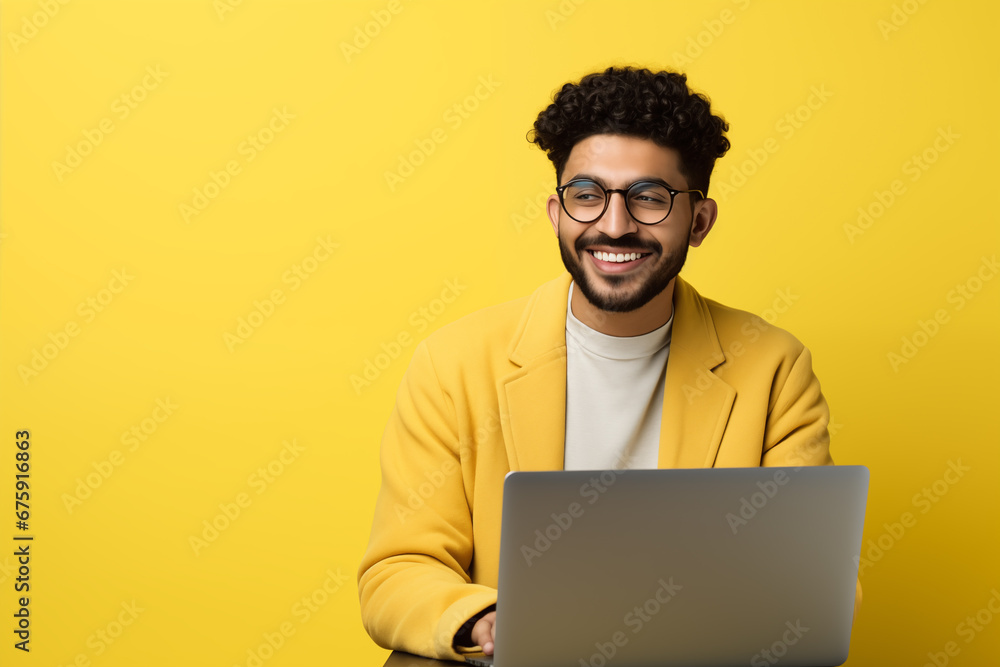 Smiling man in glasses, with a beard and curly hair sits with a laptop on a yellow background. Generative AI Smiling man in glasses, with a beard and curly hair sits with a laptop on a yellow background. Generative AI