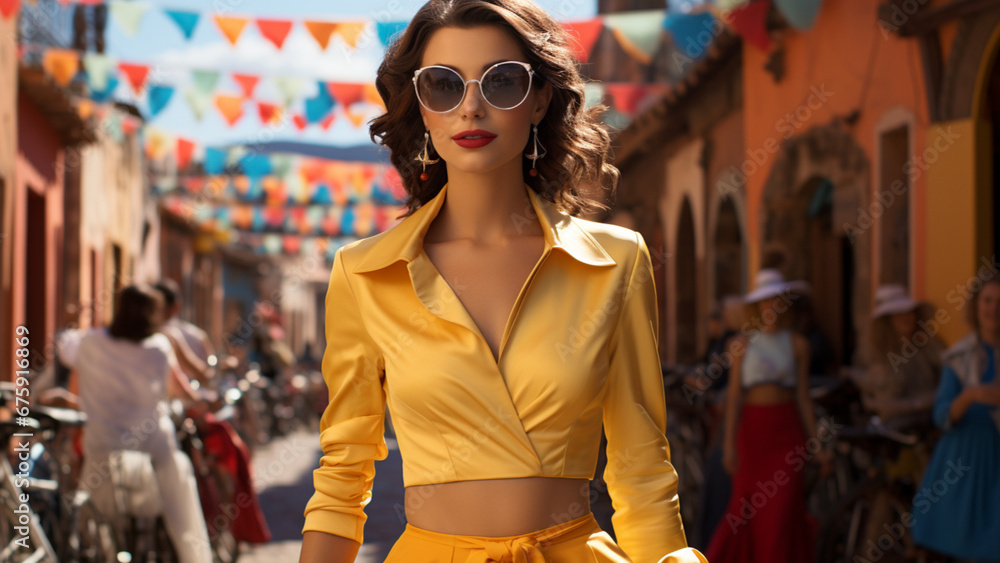 Naklejka premium a woman in san miguel de allende dressed with white outfit, reinterpreted with modern clothes such as yellow jacket, yellow skirt, high heels, red ribbon in the head, sunglasses,