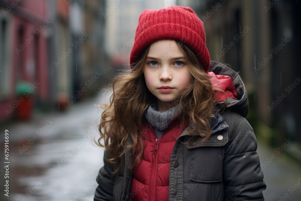 Portrait of a cute little girl in a red hat and coat on the street Portrait of a cute little girl in a red hat and coat on the street
