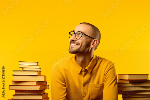 A man is sitting looking up at a stack of books in a yellow background, in the style of minimalist graphic designer, joyful and optimistic. Generative AI	
