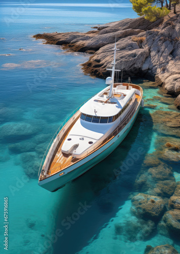 beautiful white yacht sailing on the turquoise sea, ocean, top view, vacation, travel, tropical islands, Greece, tourism, ship, transport, sails, landscape, view, clean transparent blue water, rocks