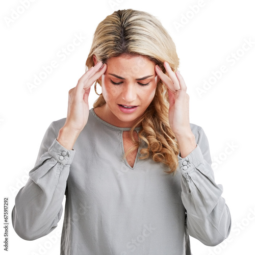 Stress, headache woman with anxiety for tax, audit or debt problem on isolated, transparent or png background. Burnout, migraine or female model with temple massage for vertigo, brain fog or disaster