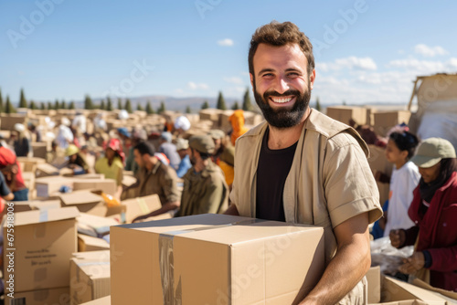 Male volunteers unload, collect, and distribute boxes of humanitarian aid to war-affected civilians and refugees from the conflict, ensuring their safety and well-being during this crisis