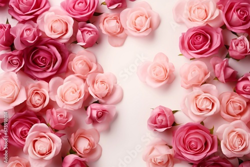 Monochrome Arrangement of beautiful roses. Flower roses frame on pink pastel background. Mothers day  Valentines Day  Birthday Greeting card. Generative AI