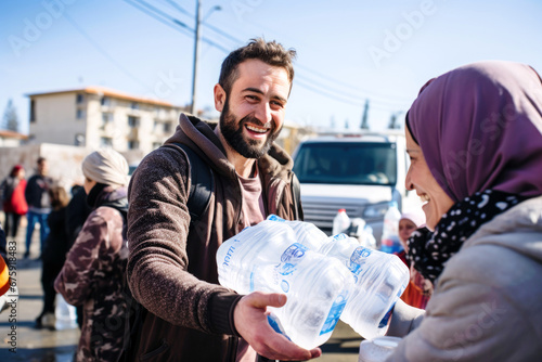 A male volunteer distributes boxes of clean drinking water and humanitarian aid to a war-affected woman in a hijab, civilians affected by the war conflict photo