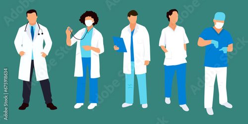 Group of medical workers, doctors in different poses in faceless style